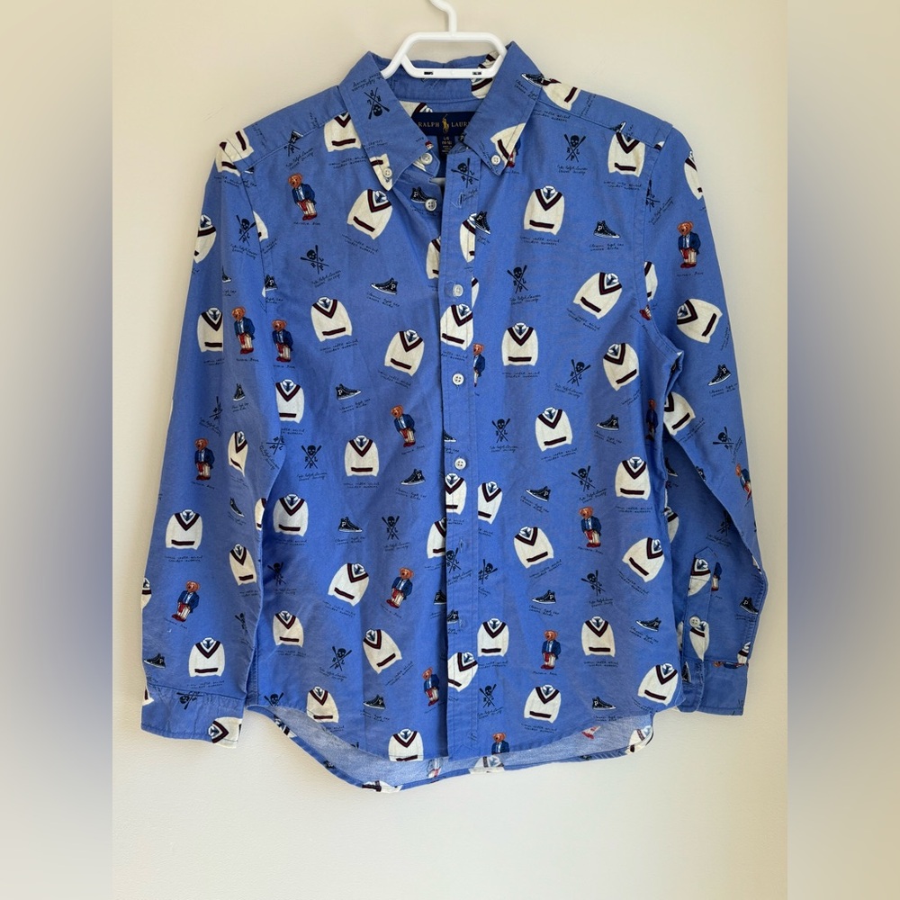 RALPH LAUREN Icon Print Cotton Oxford Shirt Boys Size Large 14-16